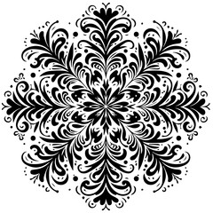 A complex and symmetrical mandala design featuring intricate floral and geometric patterns in black and white