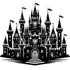 Obraz premium A majestic black and white silhouette of a grand castle with multiple towers and flags, evoking fantasy and royalty