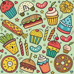 A delightful hand-drawn seamless pattern featuring cupcakes cakes donuts sweets and various festive decorations on a light green background