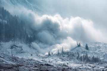 A terrifying avalanche in a snow covered mountain range, depicting nature's raw power.