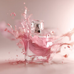 Perfume bottle gets splashed with liquid. Beauty product shot for ads, marketing, or cosmetic designs.