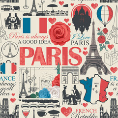 Seamless pattern on France,  Paris theme with inscriptions, landmarks, map and flag. T-shirt design, travel postcard. Wallpaper, wrapping paper. Valentine's Day. Language school. No AI  © paseven