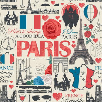 Seamless pattern on France,  Paris theme with inscriptions, landmarks, map and flag. T-shirt design, travel postcard. Wallpaper, wrapping paper. Valentine's Day. Language school. No AI 