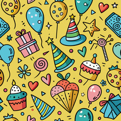 Colorful doodle seamless pattern featuring balloons party hats cupcakes gift boxes and celebration elements.