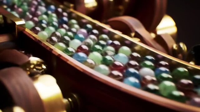 A mesmerizing cascade of colorful marbles rolling down an intricate wooden and gold mechanism, a close up