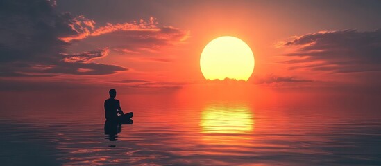 Silhouette of person meditating at sunset over water