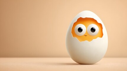Fototapeta premium Cute Egg with Cartoon Face and Big Eyes Surrounded by Cracked Shell on Tan Background