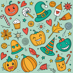 Delightful halloween doodle art featuring adorable pumpkins witch hats hearts stars candy elements on a light green background.