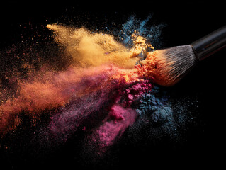 Makeup brush bursts multi-colored powder on black. Glamorous, artistic, great for beauty blog, advertising, cosmetic promotion, editorial use.