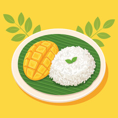 Mango Sticky Rice Vector, Traditional Thai Dessert Illustration