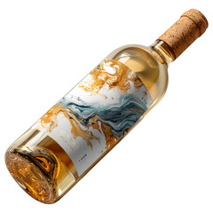 Angled view of a white wine bottle with a decorative label and cork top isolated on transparent background
