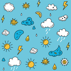 Delightful hand-drawn or doodle seamless pattern of weather elements sun clouds rain and lightning bolts against a blue background