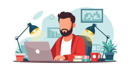 Man working from home on laptop, perfect for remote work, freelance, or work-life balance illustrations.