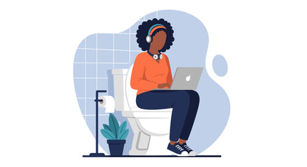 Woman working on laptop while sitting on toilet, illustration for articles about work-life balance or remote work challenges.