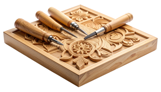 Carving tools and woodblock with pattern in progress, isolated on transparent background.