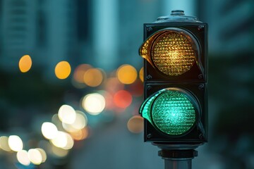 Illuminated traffic signal, green light, blurred city