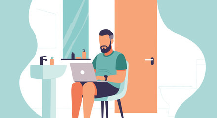 Man working on laptop in bathroom, illustration for blog post about remote work.
