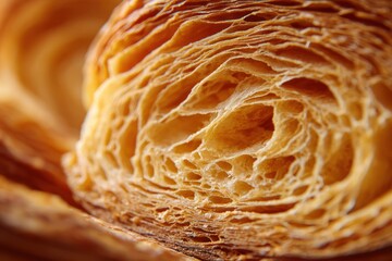 Close-up of golden-brown croissant layers