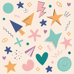 Playful arrangement of pastel shapes and doodle elements creating a repeating decorative surface design