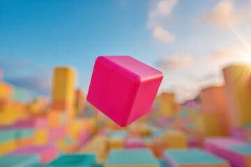 A pink cube floating in the air with a colorful blurred background and a bright blue sky above it