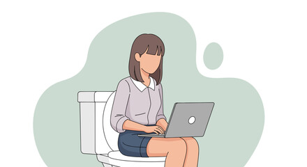 Woman working on laptop while sitting on toilet - Illustration for articles about work-life balance, remote work challenges, or humorous office situations.