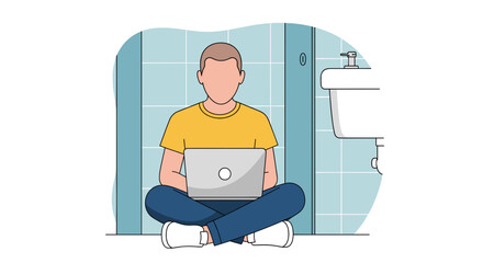 Illustration of a person working on a laptop in a bathroom, perfect for articles about remote work or work-life balance.