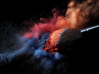 Brush strokes colorful powder, creating vibrant explosion. Dramatic cosmetics artistry. Ideal for beauty marketing, design, or website visuals.