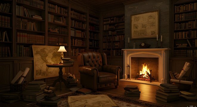 A cozy vintage library with warm ambient lighting, overflowing wooden bookshelves