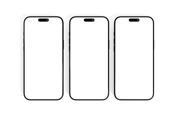 Three modern smartphones sit isolated on a clean, white backdrop.