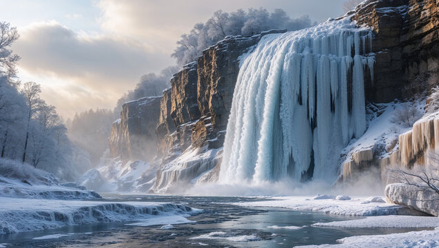 Frozen winter waterfall in a snowy canyon - Powered by Adobe