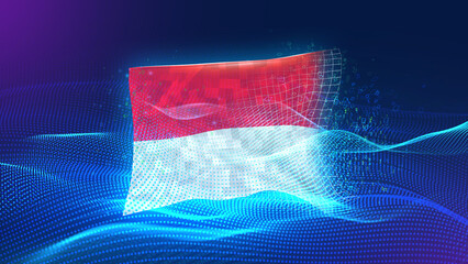 indonesia A futuristic digital background merging with a national flag symbol, representing the concept of technology, innovation, and digital transformation while preserving cultural identity.