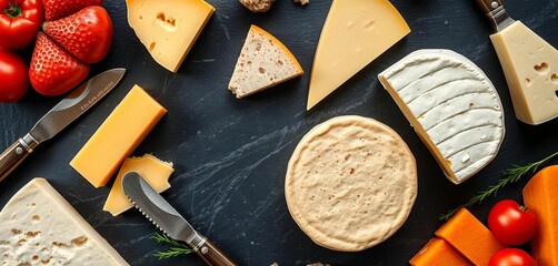 Variety of hard cheeses with cheese knives arranged on a dark stone surface Copy space,  culinary photography,  recipe