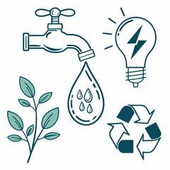Vector Set of Water and Energy Saving Icons – Minimal Eco Design