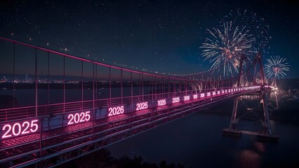 Suspension Bridge Celebration with Neon 2025 Lights and Fireworks