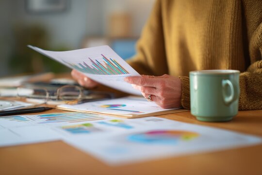 Person analyzing colorful graphs and charts at a desk with a coffee cup and stationery