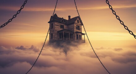 Suspended house above clouds with chains surreal landscape