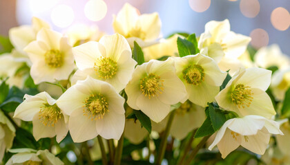 Obraz premium Winter Rose Blooming: An enchanting display of winter roses in full bloom, their delicate petals a soft, creamy hue, evoke a sense of serenity and the quiet beauty of winter.