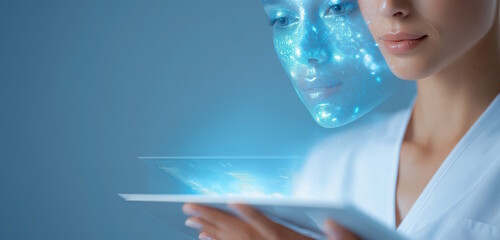 Female professional with digital holographic face projection, interacting with tablet device, showcasing advanced technology and innovation in a modern workspace environment