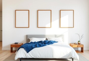 Three empty frames above minimalist bed with white bedding and blue throw, natural light,  peaceful,   interior photography