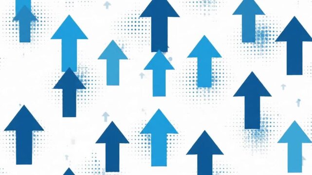 A pattern of blue arrows some large and dark others smaller and lighter point upwards against a dotted white background