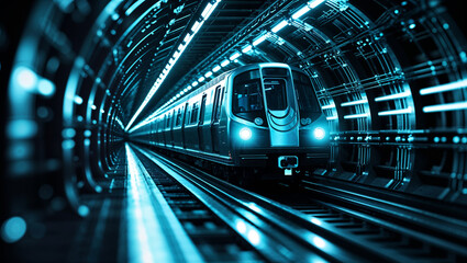 Futuristic subway train in illuminated blue tunnel