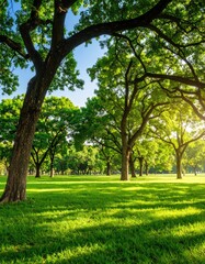 Lush green park bathed in sunlight