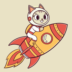 cat cute riding rocket vector logo design