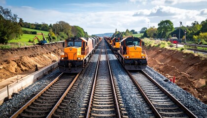 Railroad construction with orange locomotives