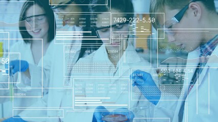 Four students drawing liquid initiating data panels while inspecting petri dish for lab analysis - Powered by Adobe