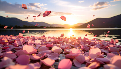 Serene Petal Cascade at Sunset: Petals dance gracefully in the wind against a backdrop of a tranquil lake, mountains, and the sun, a stunning visualization.