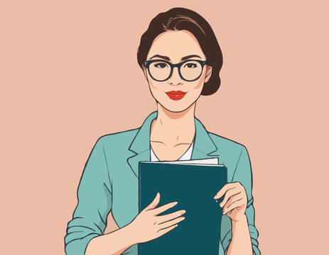 Business woman in glasses holding a folder in her hands. Vector illustration. Happy Women's Day greeting card.