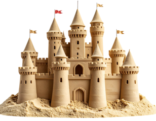 Intricate Sandcastle with Multiple Towers and Flags, isolated on transparent background PNG