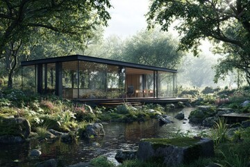 Modern Glass House In Lush Forest Setting