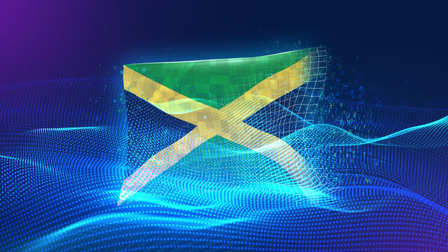 jamaica A futuristic digital background merging with a national flag symbol, representing the concept of technology, innovation, and digital transformation while preserving cultural identity.
